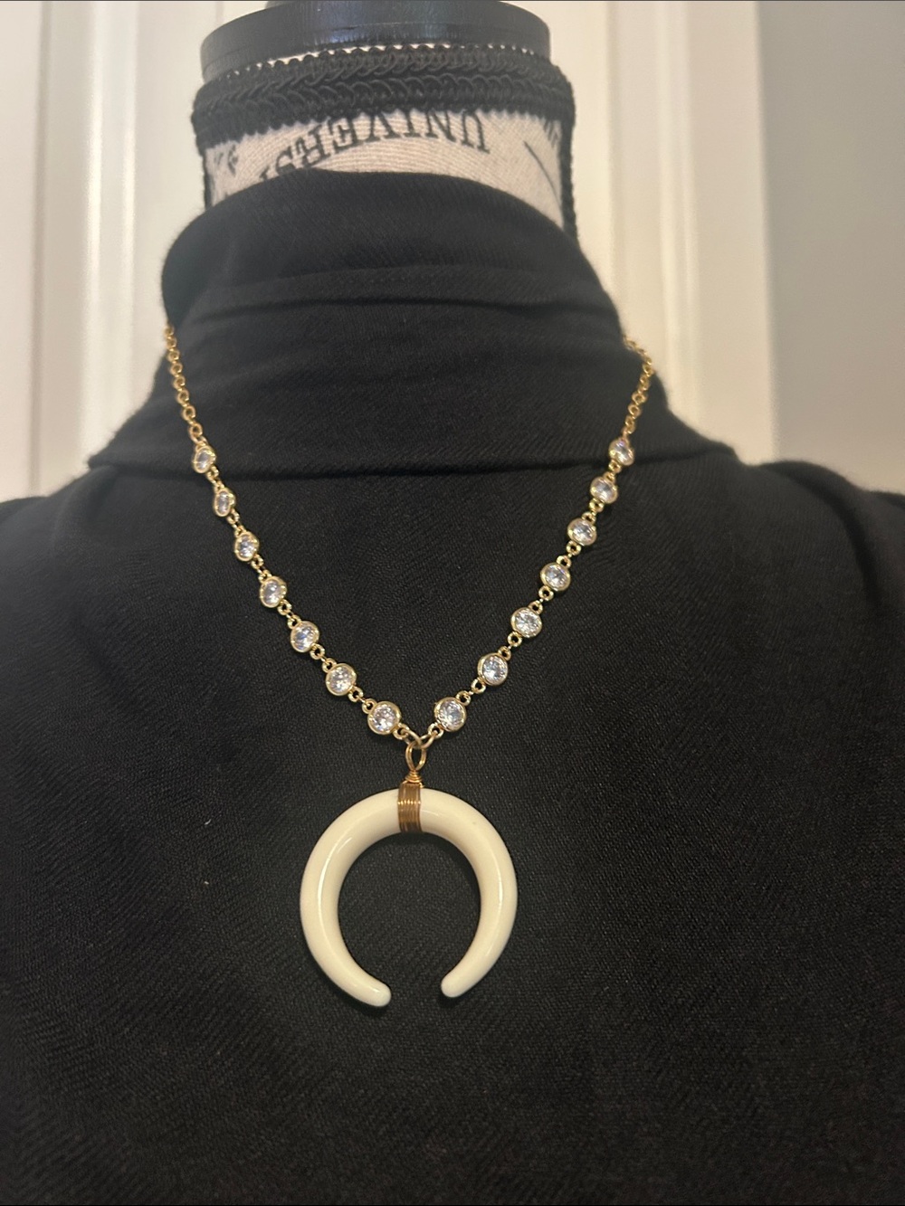 NWOT Gold Crystal Chain Necklace with White Crescent Pendant